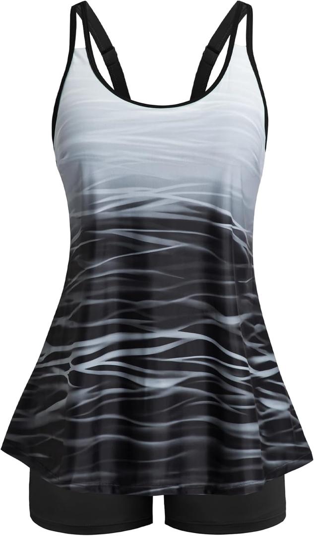 Arolina Tankini Swimsuits for Women Tummy Control Two Piece Bathing Suits Flowy Swim Tops with Boy Shorts (18 Plus, White-black Gradient)
