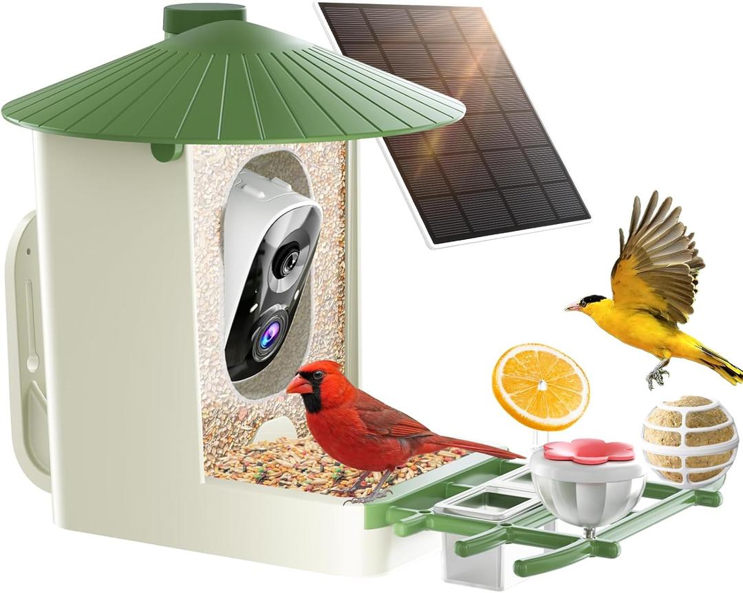 SOLIOM Smart Bird Feeder with Camera with Solar Panel - 2K HD Live View, AI Bird Identifier, Birds Arrival Alerts, DIY Birdseed Add-on, 2.4G WiFi- Wireless Outdoor Gift for Birdlovers (Green)
