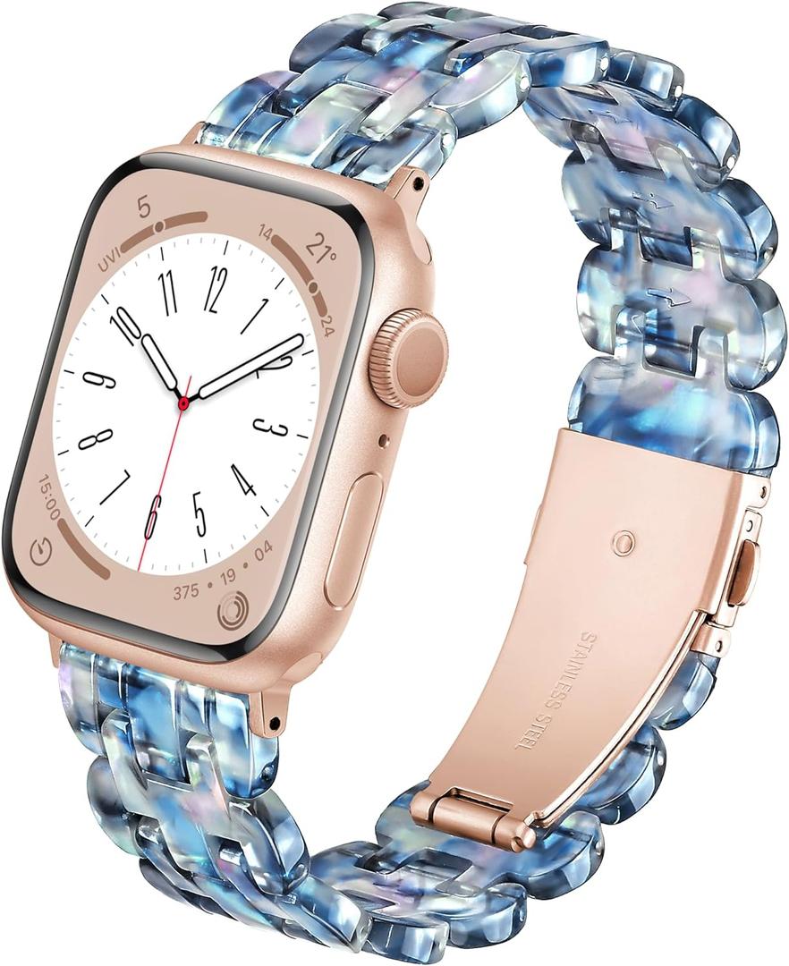 Compatible With Apple Watch Band 38mm 40mm 41mm 42mm 44mm 45mm 46mm 49mm Lightweight Resin For iwatch SE 3 2 Series 11 10 Series 9 8 7 6 5 4 3 2 1 Ultra Apple Watch Bands for Women Men (Pearlescent Navy for Rose Gold)