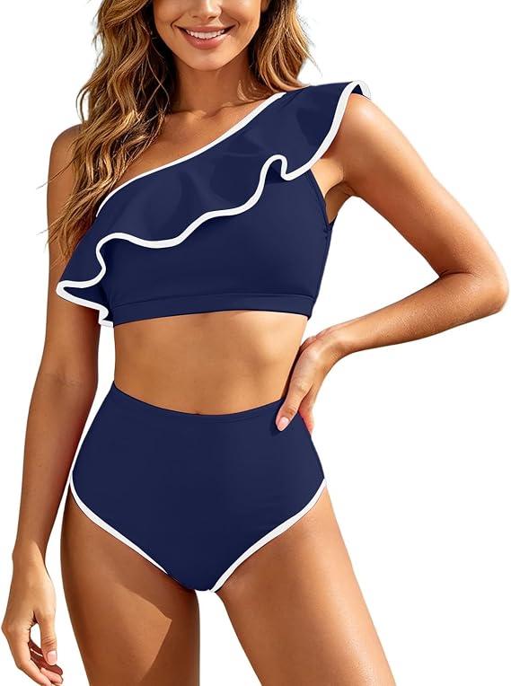 Bikini Set Women's High Waist Tummy Control Full Coverage Two Piece Swimsuit One Shoulder Swimwear Swimsuit for Women Ruffle High Waist Swimsuits Swimwear Swimwear, Large