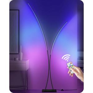 RGB Arc Floor Lamp, Dimmable Double-Light Standing Lamp, 3CCT, Remote & Foot Switch, for Living Room, Office, Bedroom, Black RB61LD05