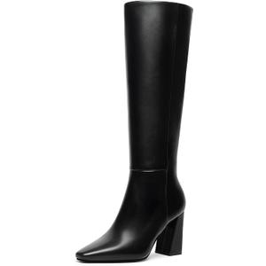 Meolee Knee High Boots for Women Square Toe Chunky High Heel Tall Boots Fashion Long Boots with Side Zipper (8, Black)