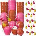 CHENGU 48 Pcs Coconut Cups Party Set, 24 Coconut Cups with 12 Pineapple Straws & 12 Flamingo Straws, Hawaiian Luau Tiki Summer Beach Party Decorations & Favors for Adults(Pink,Brown)
