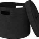 Storage Basket with Lid, 15 x 13 Lidded Blanket Basket Living Room, Black Woven Baskets for Storage, Nursery Kids Cotton Rope Toy Bin Box with Cover, Wicker Laundry Basket Pillow Holder