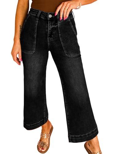 Astylish Women's Stretchy Breathable Vintage Wide Leg High Waisted Jeans Tummy Control Casual Trendy Baggy Cropped Ankle Denim Pants with Deep Front Pockets Spring Summer Black Size 10