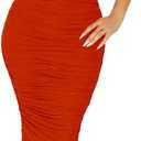 2 Piece Skirt Set Sexy Mesh Ruched Bodycon Tube Top Cocktail Party Midi Dress Club Outfits (Orange) XL