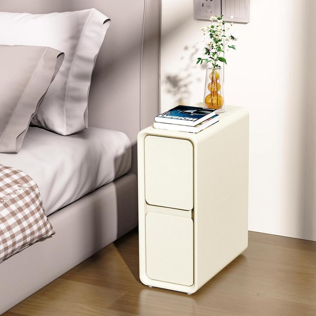 VICITON Modern Narrow Faux Leather Nightstand, Solid Wood Drawer, Storage Accent Table, Small Side End Table for Bedroom (Cream White, Narrow)