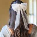 JEAIRTS Bridal Hair Bow Veil Pearl Wedding Hair Piece White Tulle Bow with Clip Bachelorette Party Hair Accessories for Women (Style 1)