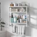 Galood Over The Toilet Storage Bathroom Shelves Wall Mounted 3 Tier Space Saver Corner Shelf Organizer Bamboo Towel Rack Toilet Paper Cabinet with Hanging Rod White, Large