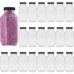 Encheng Beverages Drinking Bottles 12oz,Glass Water Botttle with Lids,Octagonal Vintage 350ml,Juice Bottles for Storage Tea,Kombucha,Milk Smoothies Jars 20Pack (Black)