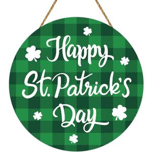 YUNKKIN St Patricks Day Wreath Happy St Patricks Day Door Decorations Buffalo Plaid Decorations Hanging Sign Wooden Front Door Hanger for Porch Wall Indoor Home Decor
