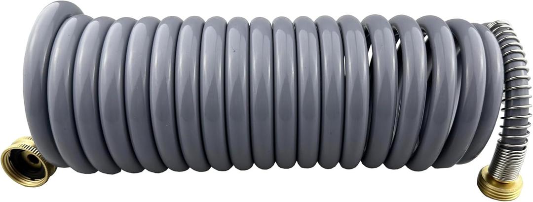 Darnassus Garden Hose, Green PU Curly Water Hose with Brass Connectors, Watering Hose Coil, Retractable, Corrosion Resistant Garden Coil Hose (Grey, 15 FT) (Gray)
