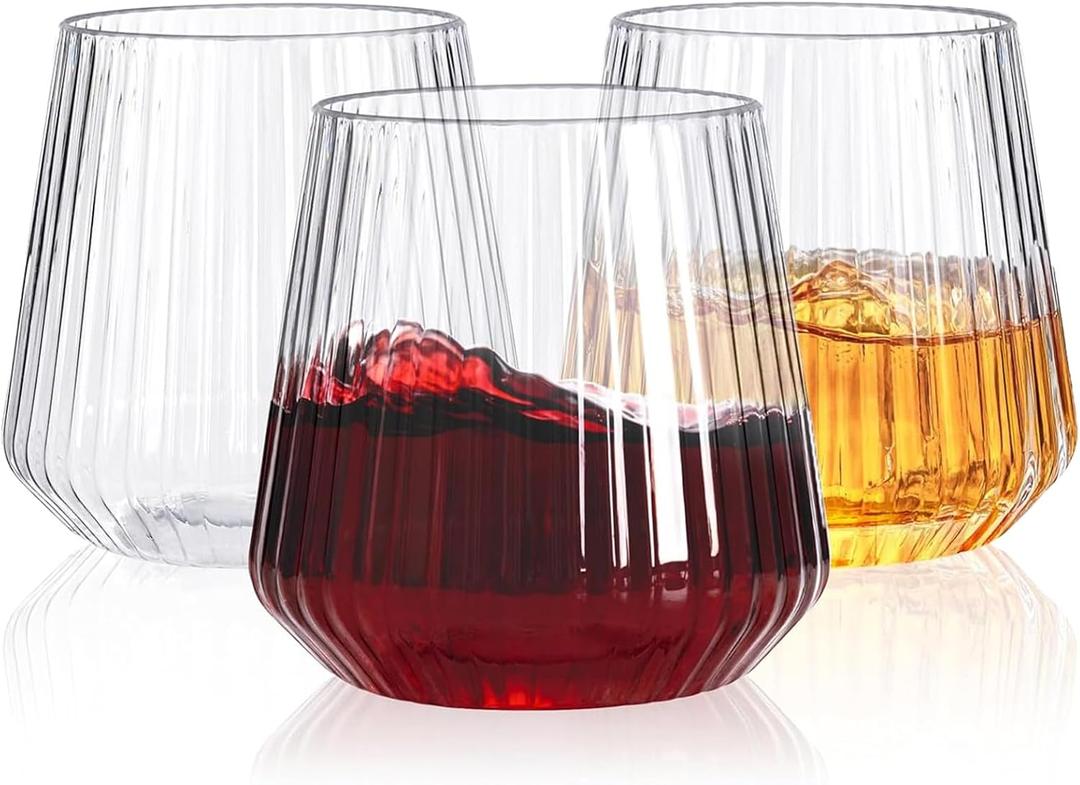 YOUBET 40 Pack Plastic Ribbed Wine Glasses - 14 OZ Clear Thicker Origami Stemless Disposable Wine Glasses - Heavy Duty Unbreakable Vintage Whiskey Cups for Wedding Parties Bar