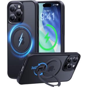 CASEKOO Patented 360 Spin Magnetic Stand for iPhone 15 Pro Max Case [Military Drop Protection] [Non-Slip Edge] [Compatible with MagSafe] Matte Shockproof Slim for 15 ProMax Case 6.7'', Black
