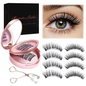 Magnetic Eyelashes, 4 Pairs Reusable Magnetic Lashes with Applicator Natural Look, Easy to Wear & No Glue Needed