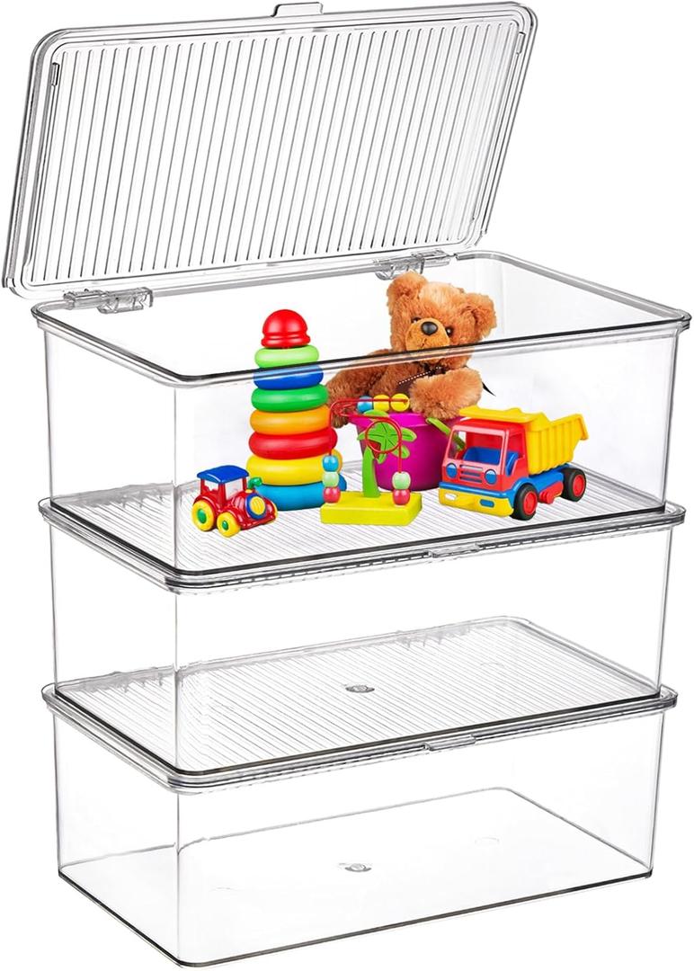 ZENFUN Set of 3 Small Stackable Storage Bins with Hinged Lid, Acrylic Organizer Box, Clear Makeup Organizer Box, Cosmetic Case for Home, Office