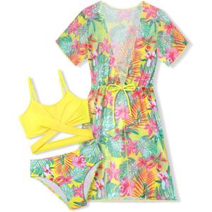 Girls Swimsuit 3 Piece Tropical Print Bikini Set Criss Cross Bathing Suit with Drawstring Quick Dry Cover Up 7-16Y (15-16 Years)