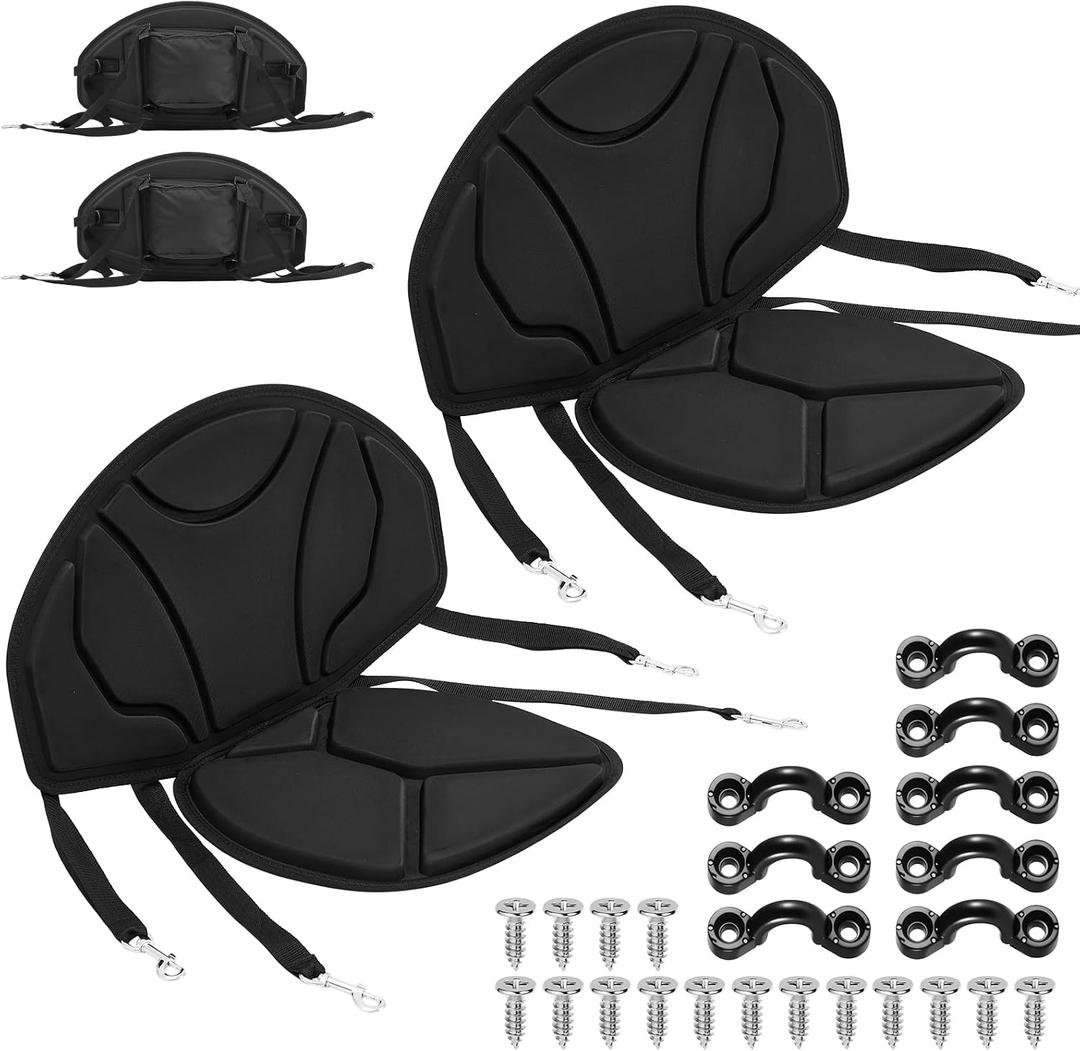 Lewtemi 2 Pack Kayak Seat Cushion Set with Storage Bags Back Support Universal Padded Boat Seat with 4 Adjustable Straps, Water Repellent for Sit-on-top Kayak, Stand up Paddle Board, Fishing Boat, 25.2 x 22.44"