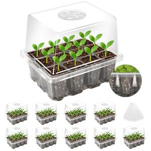 MIXC Seed Starter Tray with Elevated Lid, 120 Cells Seed Starter Kit with Adjustable Humidity Dome, Drainage Hole, Clear Heightened Lids for Indoor Outdoor Greenhouse Gardens, 10 Pack, Transparent