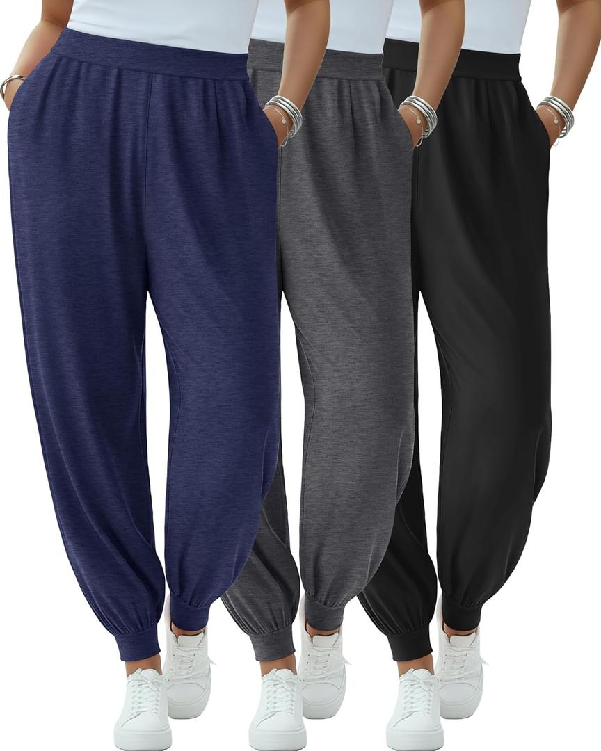 3 Pack Women's Plus Size Yoga Joggers Lounge High Waisted Pants Comfy Loose Workout Sweatpants with Pockets (4X-Large, Black, Dark Gray, Dark Blue)