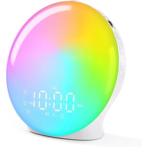 Wake Up Light Sunrise Alarm Clock with 17 Nightlights, Alarm Clocks for Bedbrooms Sound Machine with 5W Bluetooth Speaker, 25 Soothing Sounds, SleepTimer, Dual Alarms, FM Radio, Gift for Kids, Adults (White)