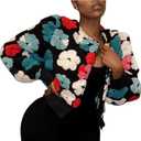 Aimiray Women's Cropped Fleece Jacket Long Sleeve Warm Bomber Sherpa Jacket Floral Printed Varsity Coats (XL)
