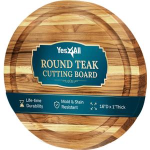 Yes4All Round Teak Cutting Boards for Kitchen, [16"D x 1"Thick] Edge Grain Cutting Board, Teak Wood Serving Board, Food Safe Surface for Slicing and Serving,Wood Charcuterie Board with Build In Handle