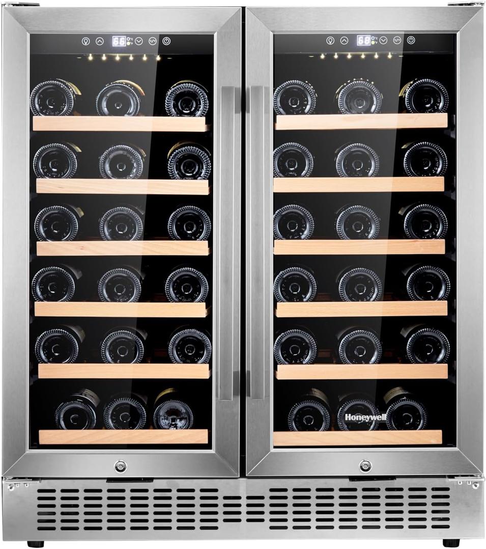 Honeywell 56 Bottle Dual Zone Compressor Wine Cooler Refrigerator, Large Freestanding Wine Cellar For Red, White, Champagne or Sparkling Wine, Digital Temperature Control, Stainless Steel