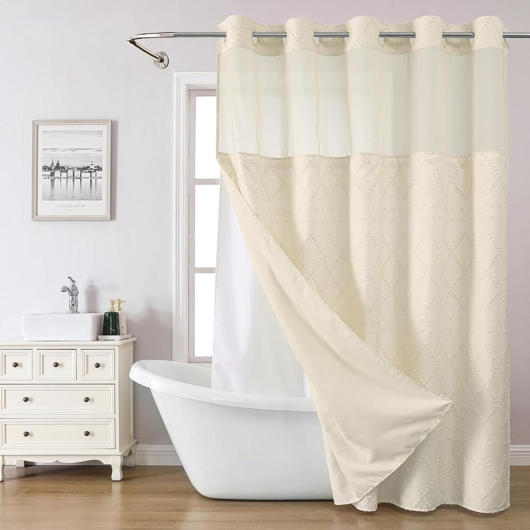 Cream No Hook Shower Curtain and Fabric Liner Set, Boho Tufted Chevron Striped and Shabby Chic Textured Shower Curtain with a See-Through Top Window, Hotel Dcor, 71" W x 74" H
