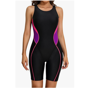 ATTRACO Athletic One Piece Swimsuits for Women Boyleg Swimwear Racerback Bathing Suits, Large, Black Purple