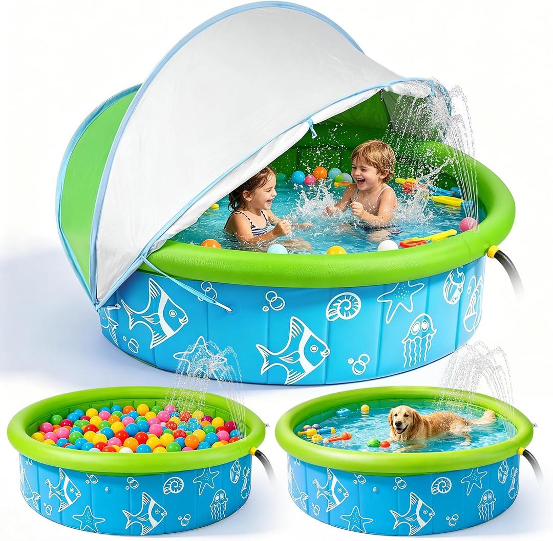 47.3" Foldable Kids Pool with Water Spray, Kiddie Pool with Canopy, Hard Plastic Pool Suitable for Toddler and Baby, Blue and Green(Sprayer)
