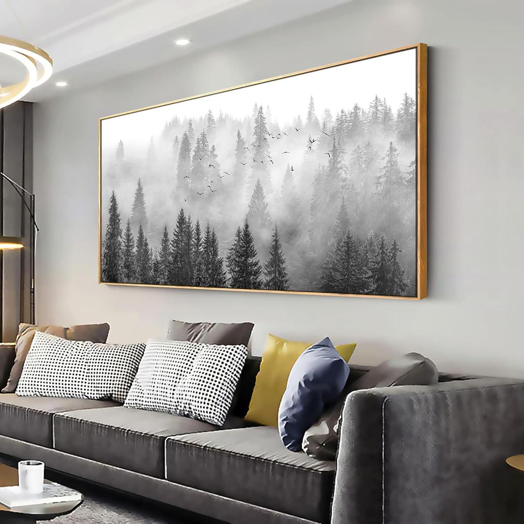 vgrozirh Framed Ready to Hang Wall Art Foggy Forest Black and White Wall Art Nature Landscape Mountain Photographic Printed on Canvas for Bedroom Living Room Office Home Decor 30"x60"