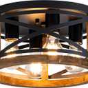 Farmhouse Light Fixtures, 4-Light Round Flush Mount Ceiling Light with Wood and Metal Frame, Black Rustic Ceiling Light for Hallway, Entryway, Bedroom, Kitchen (Black)