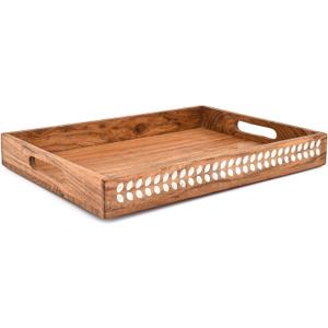 Serving Trays Acacia Wood Food Serving Tray for Coffee Table, Kitchen Counter, Bathroom or Entryway with Cutout Handles(16" X 12" X 2")