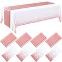 Breling 8 Pack White and Rose Gold Disposable Plastic Tablecloths and Satin Table Runner Set, 54 x 108 Inch Tablecloth, 12 x 108 Inch Table Runners for Wedding Graduation Birthday Baby Shower New Year