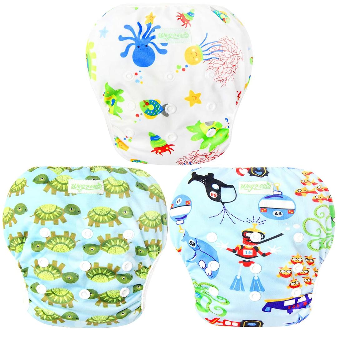 wegreeco Baby & Toddler Snap One Size Adjustable Reusable Baby Swim Diaper (Diving, Ocean, Turtle, Large, 3 Pack) (Large, Diving,ocean,turtle)