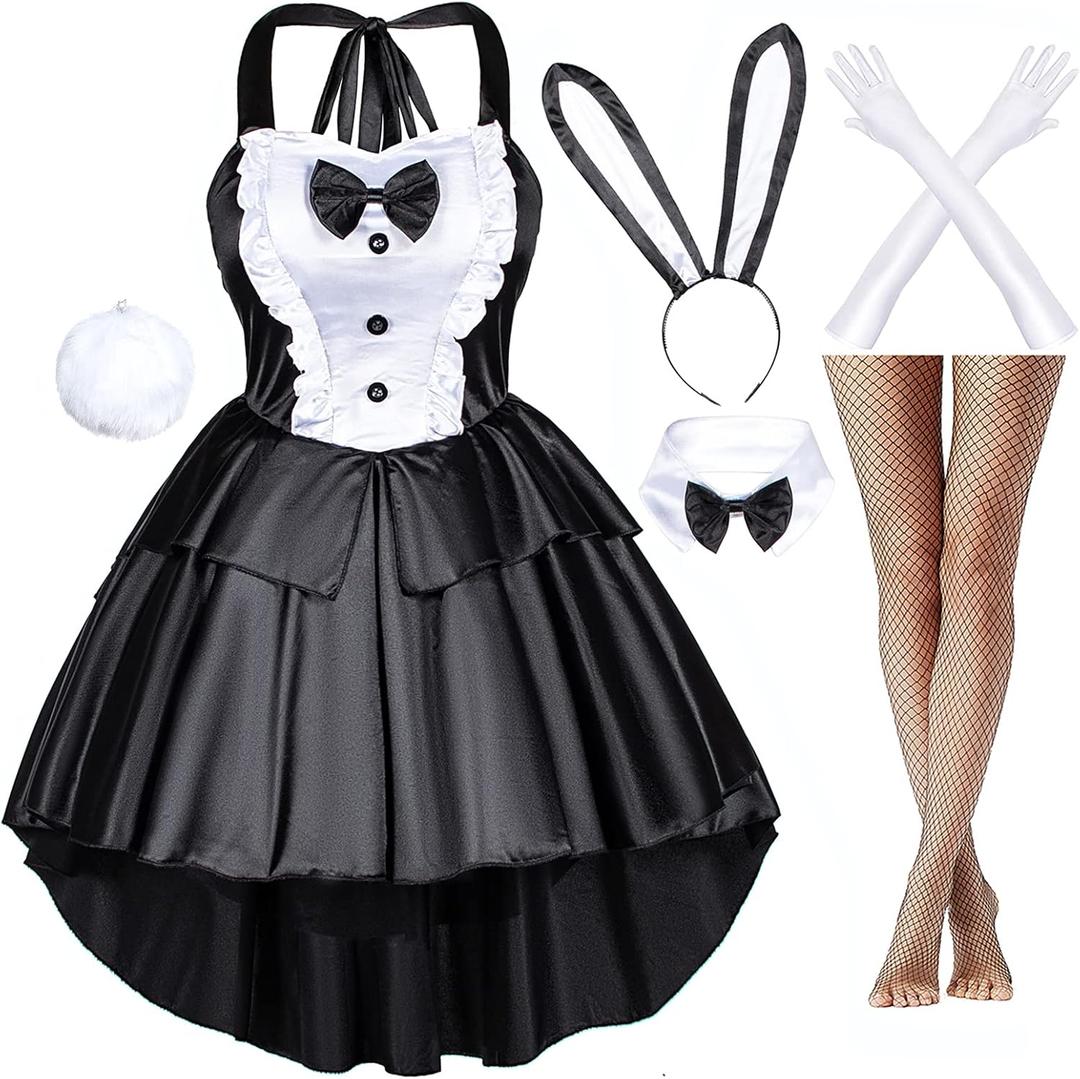 Classic Women Fancy Bunny Costume Girl Dress Tuxedo Style Black Dress Cosplay Costume Tail Ears Stockings Gloves Set (Medium)