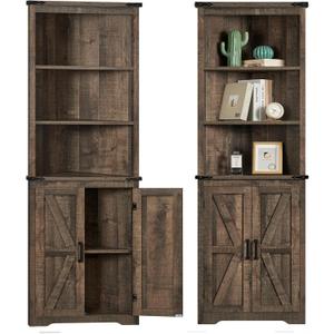 Farmhouse Corner Cabinet, 70" H Tall Corner Hutch with 5 Shelves & 2 Barn Doors, Storage Cabinet with Adjustable Shelf, for Living Room, Kitchen, Bathroom, Antique Oak