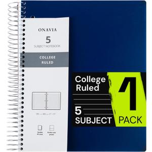 Spiral Notebook for School, 5 Subject, College Ruled Paper, 200 Sheets, 9" x 11", 5 Dividers with Pockets, 3 Hole Punched Perforated, Plastic Cover, Lined Journal, School Supplies,Prussian Blue