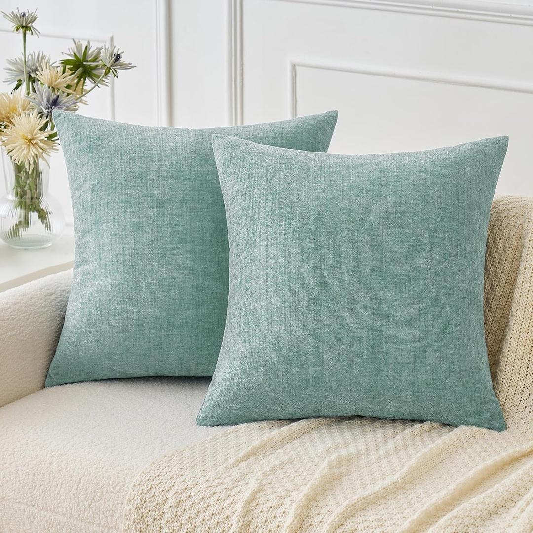 MIULEE Pack of 2 Couch Throw Pillow Covers 16x16 Inch Soft Aqua Green Chenille Pillow Covers for Sofa Living Room Spring Home Decor Couch Solid Dyed Cases