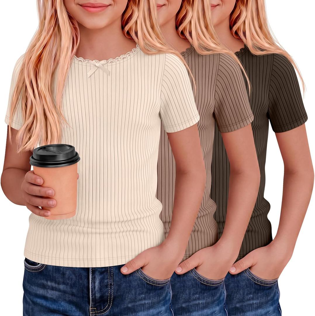 3 Pack Girls Short Sleeve Shirts Ribbed Knit Crew Neck Lace Trim Tops Slim Fit Casual Summer T-Shirts Tees for Kids 13-14Y
