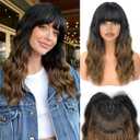 ALXNAN Hair Toppers for Women with Thinning 3D 360Cover 16Inch Black to Brown Long Wavy Curly Hair Topper with Bangs