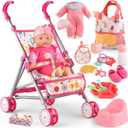 YIYBM Baby Doll with Stroller Set with 12.5" Baby Dolls, Handbag, 2 Sets Doll Clothes and 16 PCS Doll Accessories. Baby Stroller Toys for Toddler Girls Kids Ages 35 46 for Pretend Play.