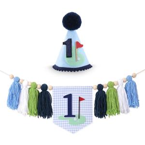 Golf 1st Birthday HighChair Banner - Hole in One Theme Blue Gingham One High Chair Banner & First Birthday Cone Hat Decorations for Little One with Tassels for Cake Smash