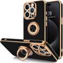 Hython for iPhone 15 Pro Max Case with Ring Stand, 360 Rotatable Ring Holder Magnetic Kickstand, Plating Rose Gold Edge Soft Cover Protective Phone Case for iPhone 15 Pro Max 6.7", Black