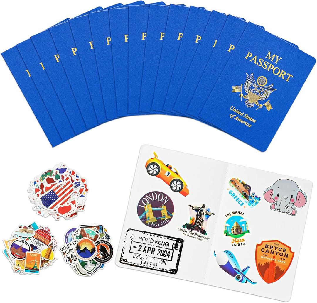 15 Pcs Fake Passport Book for Kids with 150 Non-Repeating Stickers (Including 3 Themes), Suitable for Party Favors, Scrapbooking, Arts and Crafts, School Supplies, Wall Stickers (165)