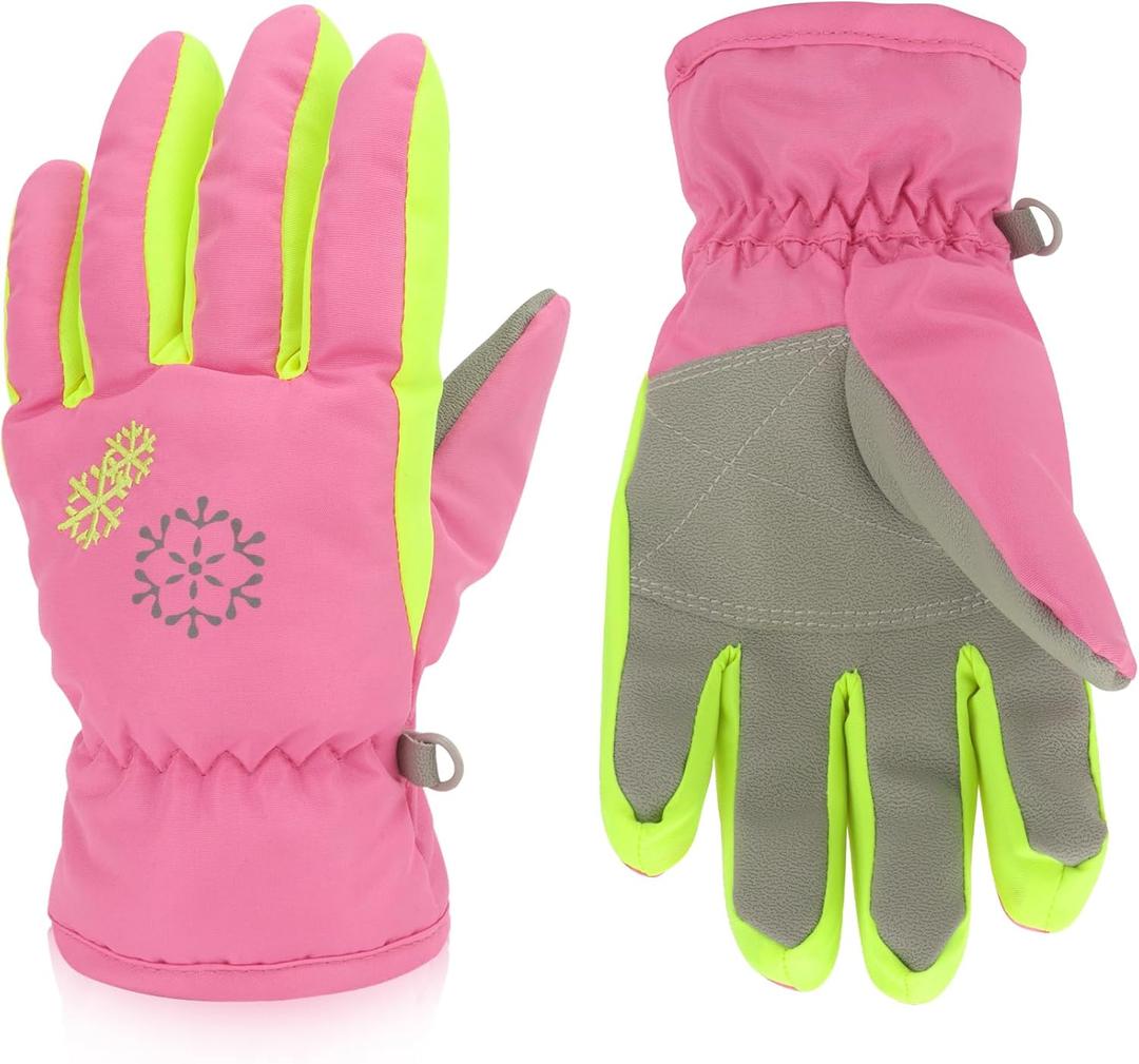 2 x 3 Sizes Kids Gloves, Snow & Ski Gloves for Boys & Girls, Winter Waterproof (M9-12 Years, Red)