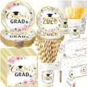 Funnymoom 452 Pcs Class of 2026 Pink Floral Graduation Decoration Party Supply for 50, Pink Gold Congrats Grad Paper Plates Napkins Cup Tablecloth Cutlery Straw for Freshly Graduated Decoration