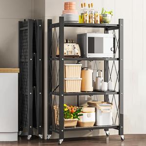 JOYBOS 4-Shelf Foldable Storage Shelves with Wheels, Heavy Duty Metal Shelving, No Assembly Organizer Wire Shelf Rack for Garage Kitchen, Basement, Pantry, Holds up to 1000 pounds