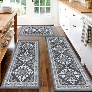 3-Piece Kitchen Rugs, Non-Slip & Washable Floor Mats, Water-Absorbent Area Pad, Standing Desk Mat for Office, Home, Doorway, Laundry, Kitchen Accessories (Grey)